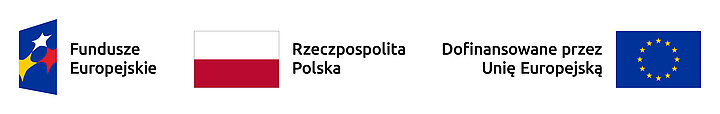 Od lewej: logo Funduszy Europejskich, flaga Rzeczpospolitej Polskiej oraz flaga Unii Europejskiej.